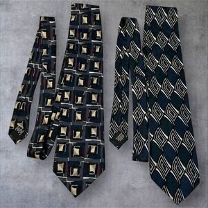 Lot 2 Zieglerat Vintage Silk Neckties Geometric Abstract‎ Blue Gold Mens Ties